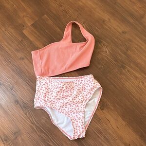 Coral One-Shoulder Top & High-Waist Leopard Bikini Bottoms